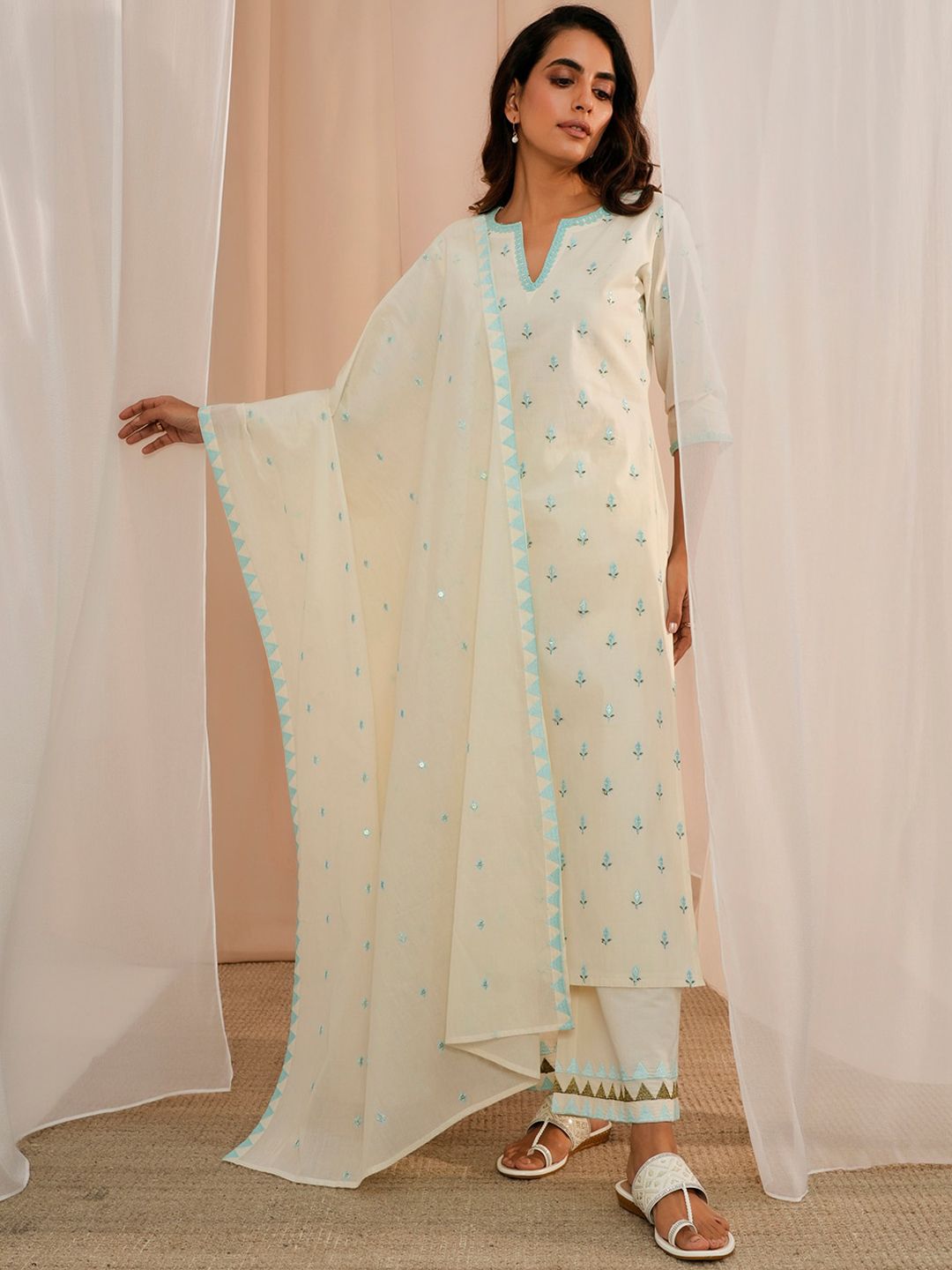 Libas Floral Embroidered Thread Work Pure Cotton Kurta With Palazzos & Dupatta