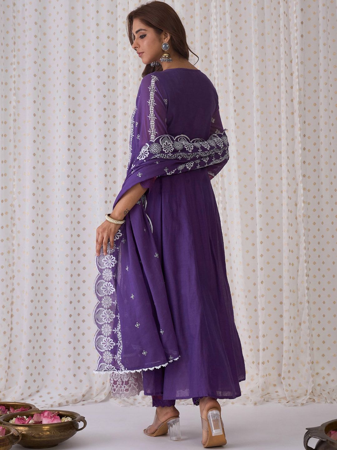 Indo Era Ethnic Motifs Embroidered V-Neck Pure Cotton Kurta with Trousers & Dupatta