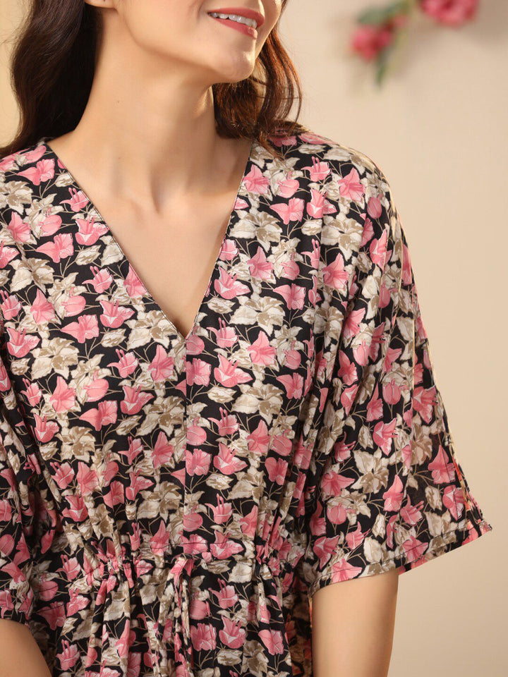 SANSKRUTIHOMES Black Floral Printed Pure Cotton Maxi Nightdress