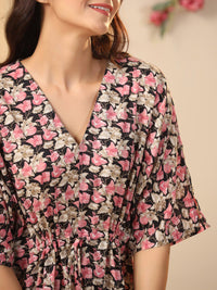 SANSKRUTIHOMES Black Floral Printed Pure Cotton Maxi Nightdress