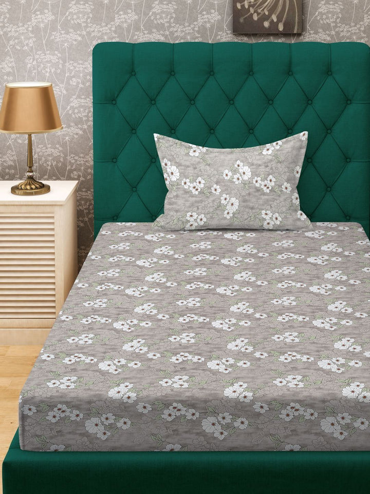KLOTTHE Grey Printed Pure Cotton 400TC Single Dipasang Cadar & 1 Sarung Bantal
