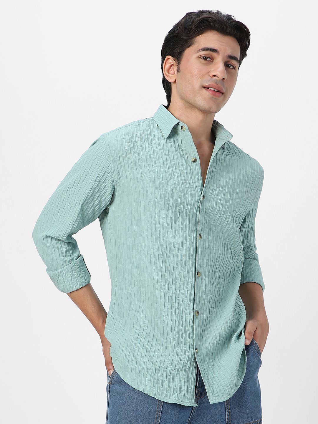 Urbano Fashion Men Spread Collar Textured Cotton Casual Shirt