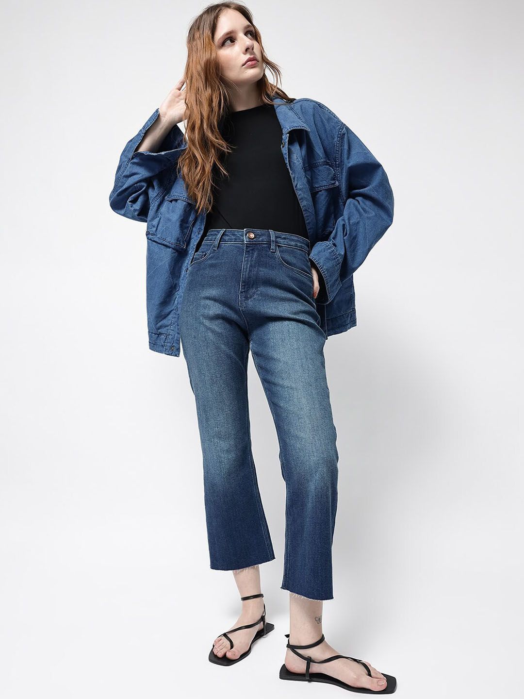 RAREISM Women Comfort Flared High-Rise Light Fade Stretchable Cropped Jeans