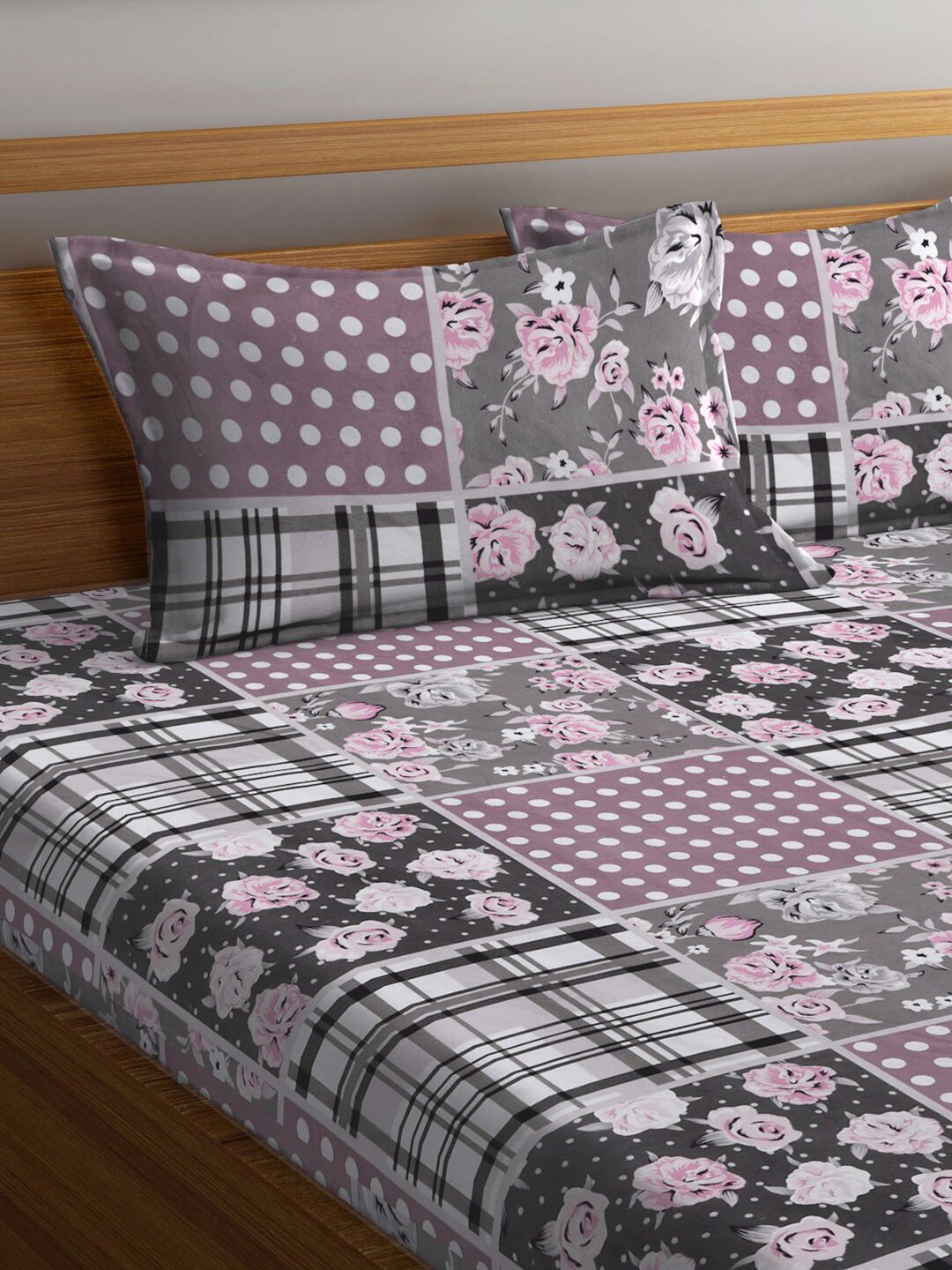 KLOTTHE Grey Floral Printed 300 TC Fitted Super King Double Bedsheet with 2 Pillow Covers