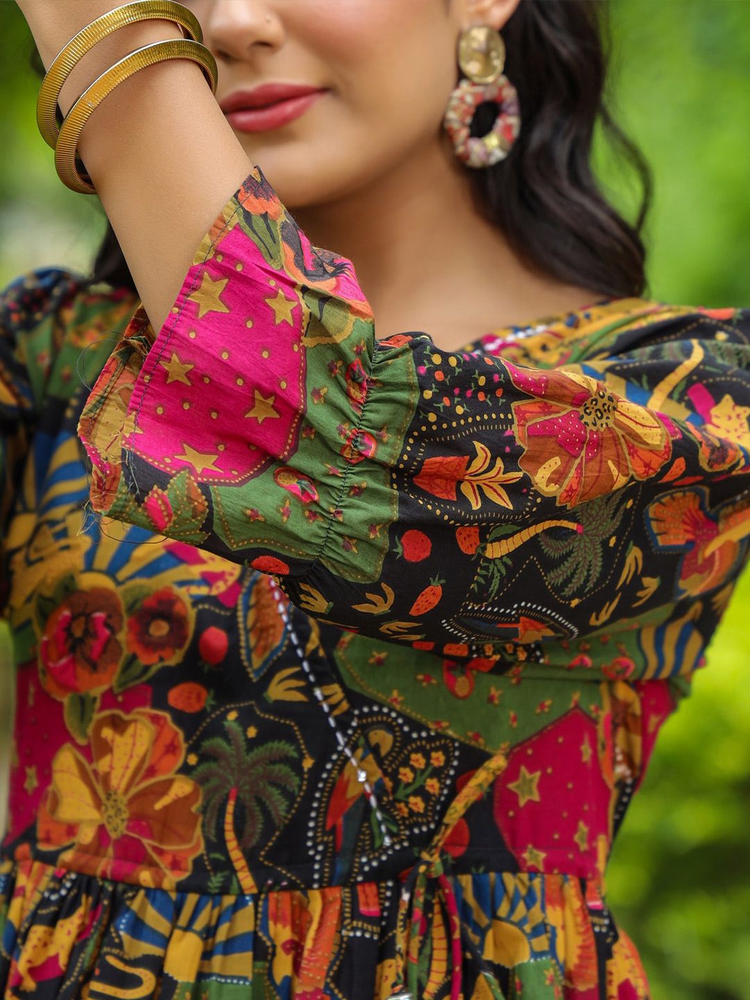 Rain & Rainbow Floral Printed Bell Sleeve Cotton Empire Top