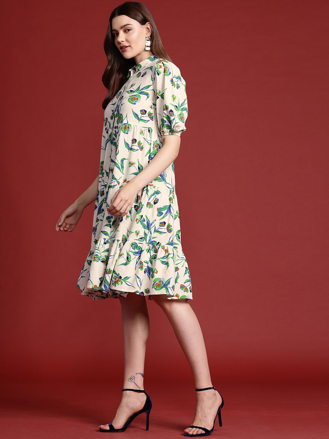 all about you Floral Print Tiered Midi Shirt Dress
