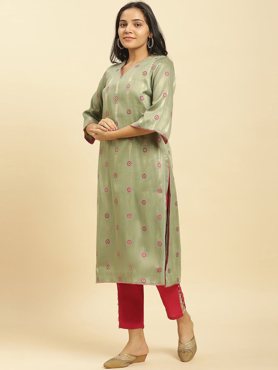 W Floral Woven Design V-Neck Three-Quarter Sleeve Gotta Patti Kurta