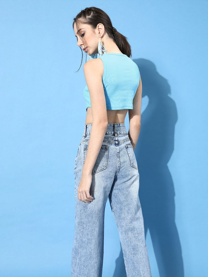 STREET 9 Woman Alluring Turquoise Blue Solid Cropped Top