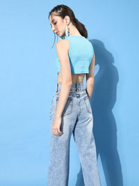 STREET 9 Woman Alluring Turquoise Blue Solid Cropped Top
