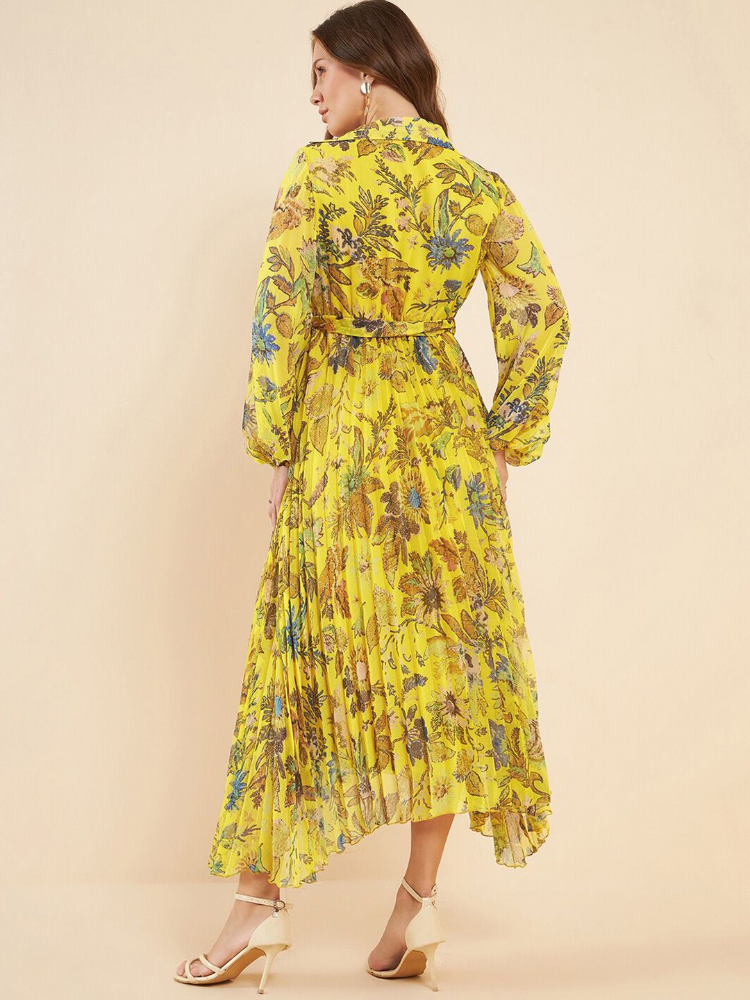 Antheaa Yellow Printed Pleated Puff Sleeves Belted Chiffon Fit & Flare Midi Dress