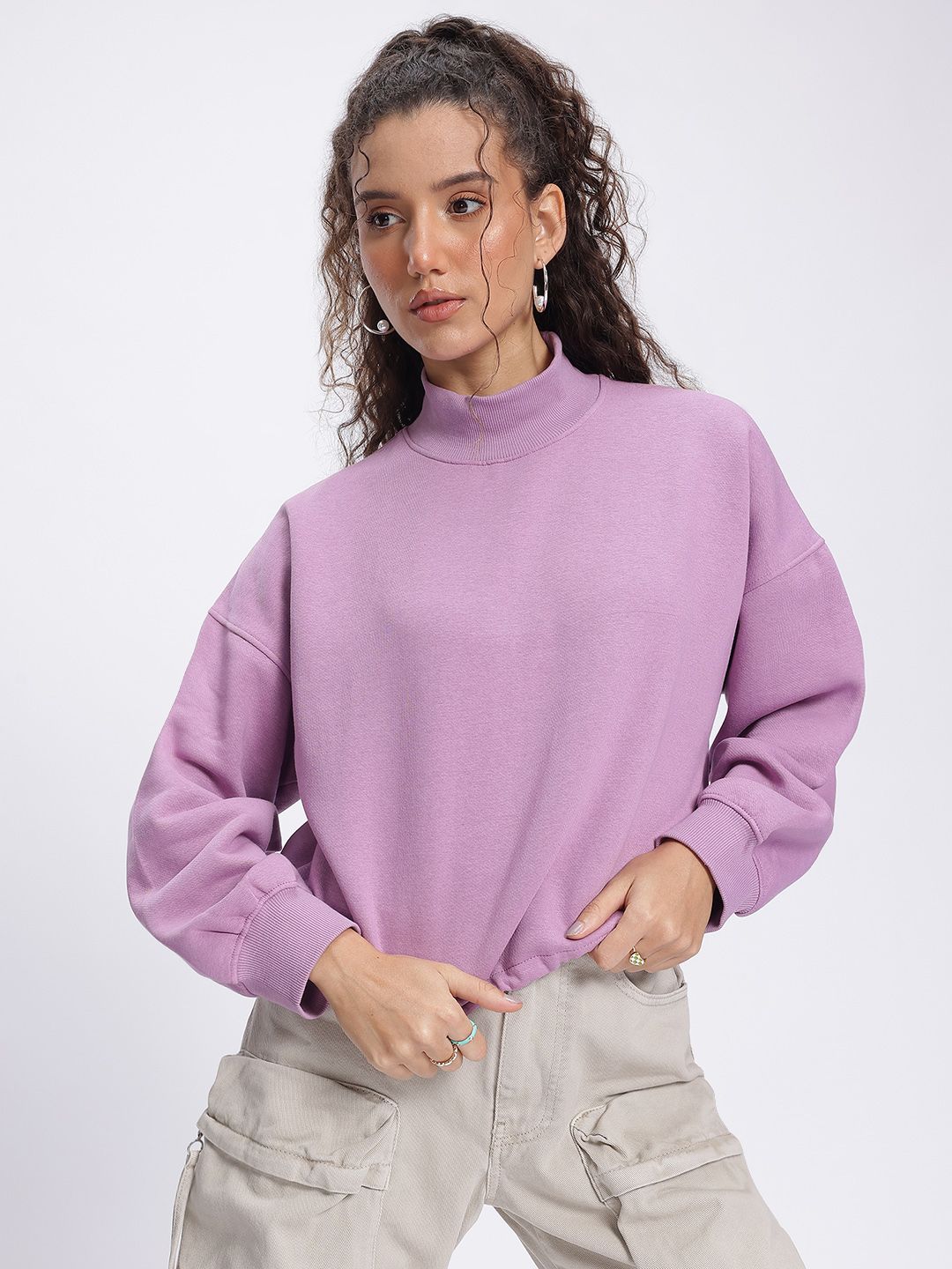 DressBerry High Neck Drop-Shoulder Crop Sweatshirt