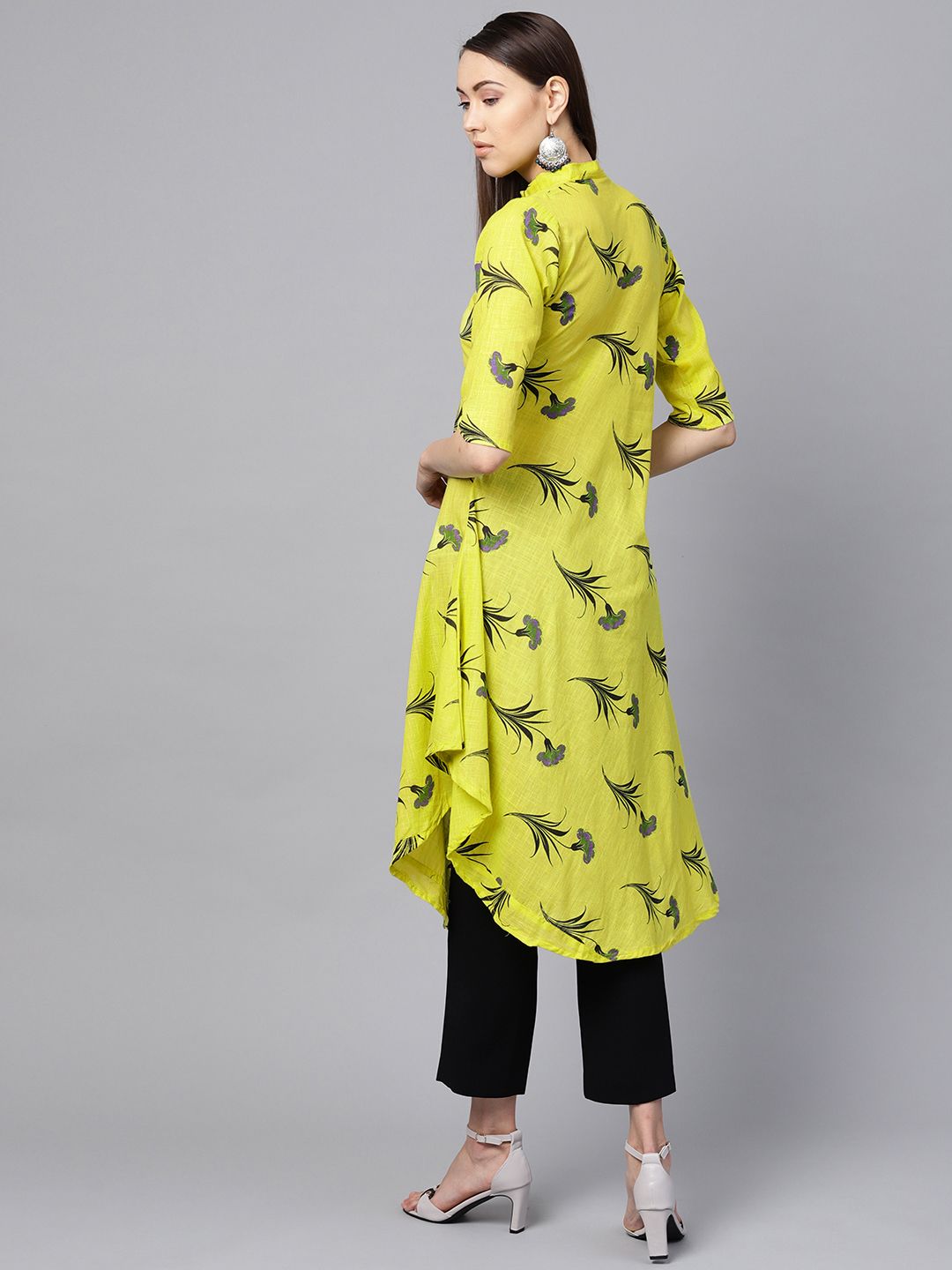 SOJANYA Wanita Lime Green & Black Floral Print Kurta A-Line