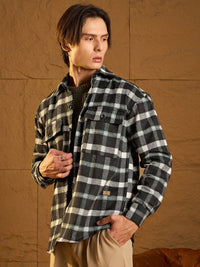 DENNISON Men Double Pocket Drop Shoulder Oversized Cotton Checked Shacket