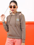 Tokyo Talkies Women Brown Typography Hooded Long Sleeve Polyester Sweatshirt