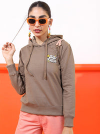 Tokyo Talkies Women Brown Typography Hooded Long Sleeve Polyester Sweatshirt