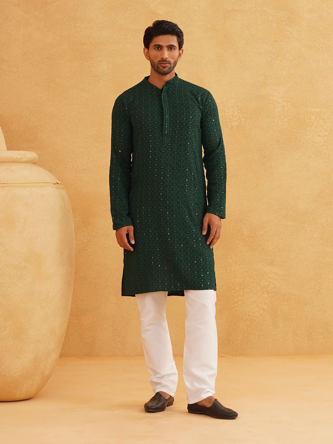 SOJANYA Chevron Embroidered Sequinned Mandarin Collar Pure Cotton Kurta With Churidar