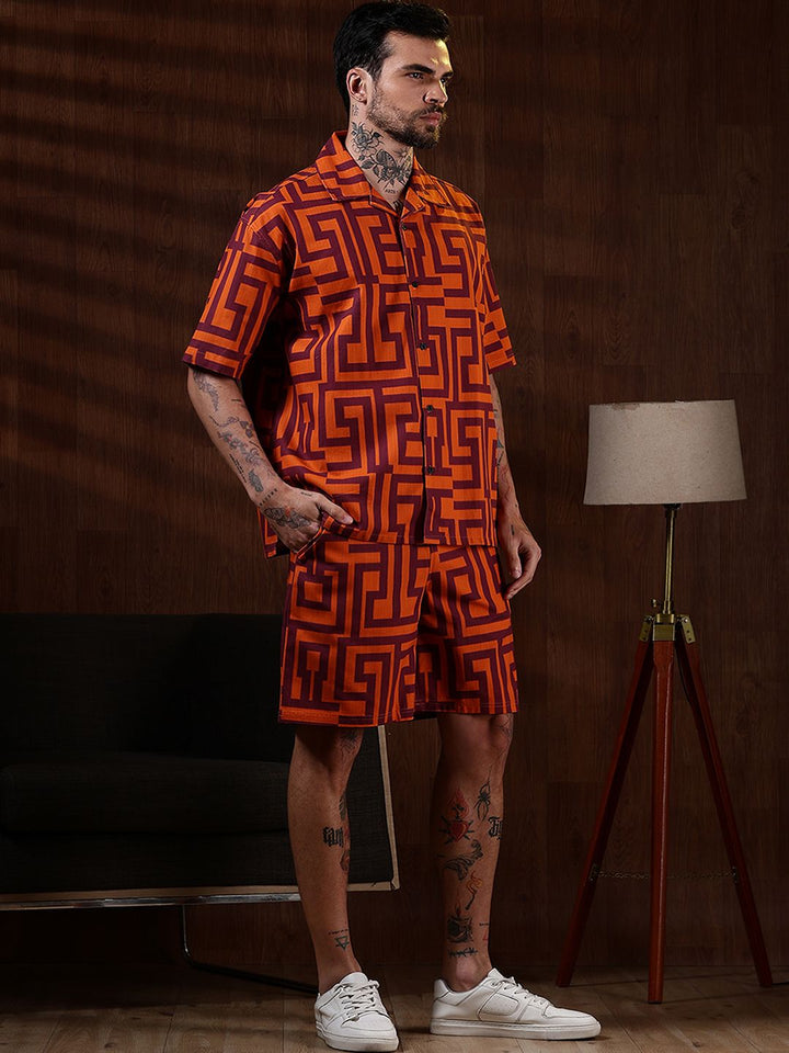 Eszett Geometric Printed Spread Collar Pure Cotton Shirt With Shorts Co-Ord Set