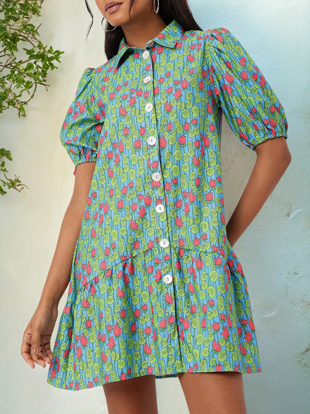 DressBerry Charming Floral Print Puffed Gathers Shirt Style Mini Dress