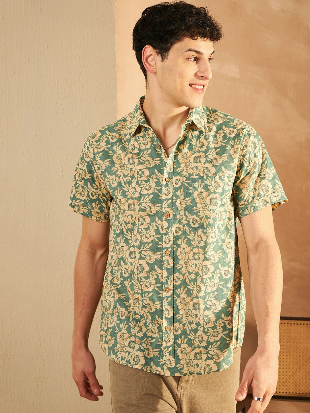 DENNISON Smart Floral Printed Spread Collar Cotton Oversized Lightweight Casual Shirt