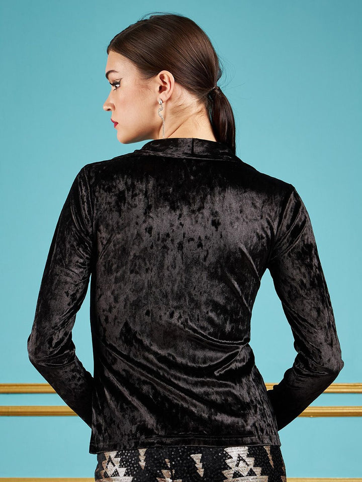 SASSAFRAS Spread Collar Slim Fit Textured Velvet Ruched Party Shirt
