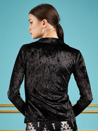 SASSAFRAS Spread Collar Slim Fit Textured Velvet Ruched Party Shirt