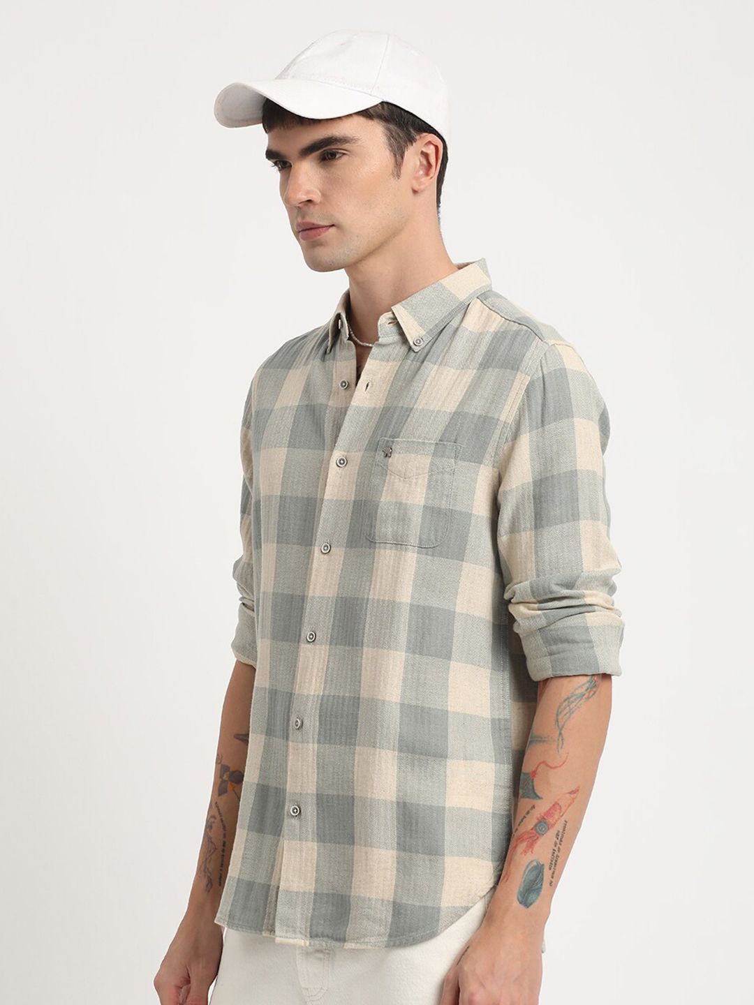 THE BEAR HOUSE Slim Fit Buffalo Checked Cotton Linen Casual Shirt