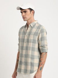 THE BEAR HOUSE Slim Fit Buffalo Checked Cotton Linen Casual Shirt