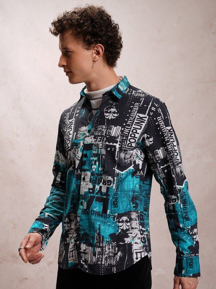 LOCOMOTIVE Slim Fit Abstract Printed Luxe Satin Party Shirt