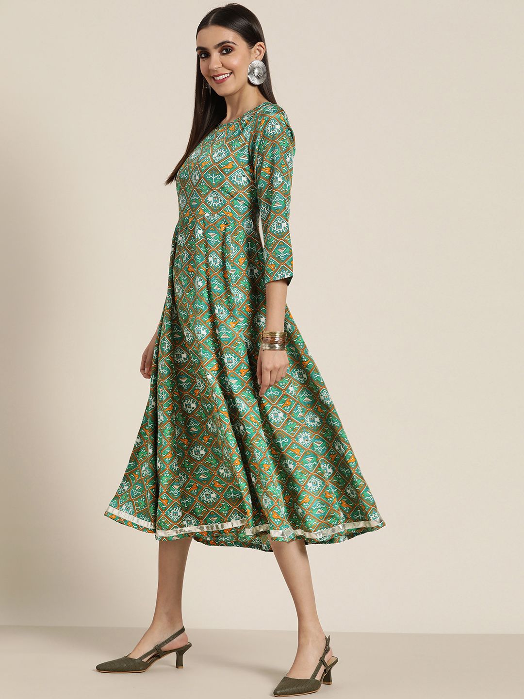 Shae by SASSAFRAS Green & White Ethnic Motifs Ethnic A-Line Midi Dress