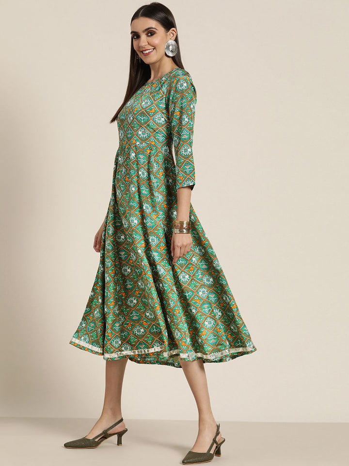Shae by SASSAFRAS Green & White Ethnic Motifs Ethnic A-Line Midi Dress