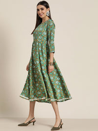 Shae by SASSAFRAS Green & White Ethnic Motifs Ethnic A-Line Midi Dress
