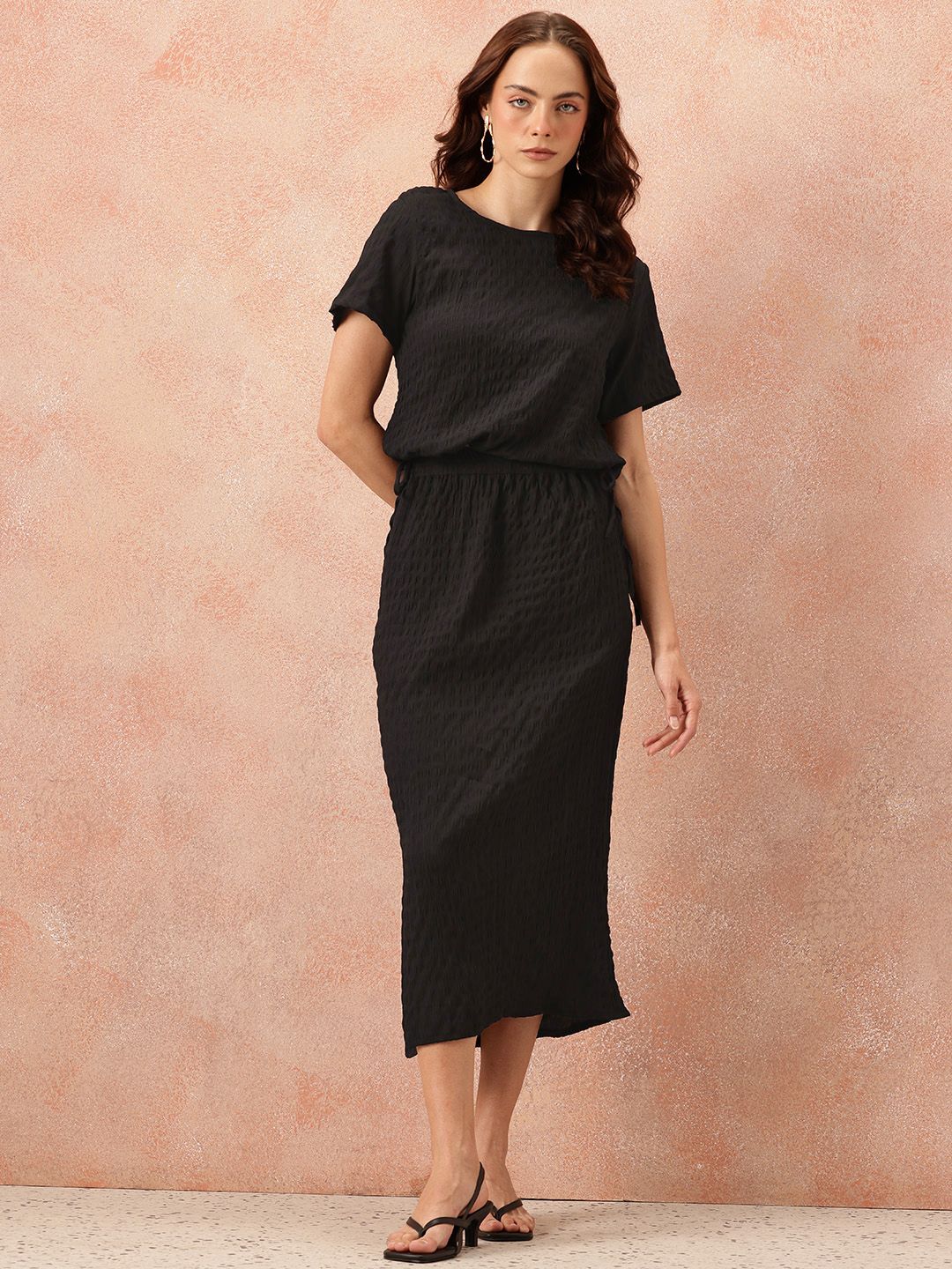 all about you Seersucker Effect Tie-Up Detail Top with Midi A-Line Skirt