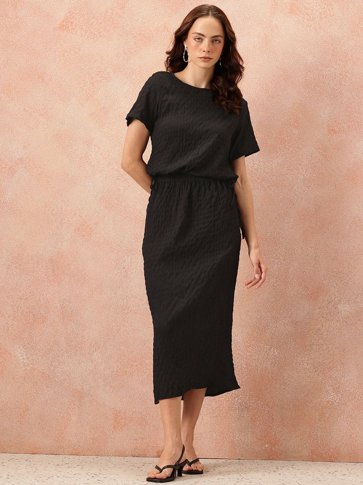 all about you Seersucker Effect Tie-Up Detail Top with Midi A-Line Skirt