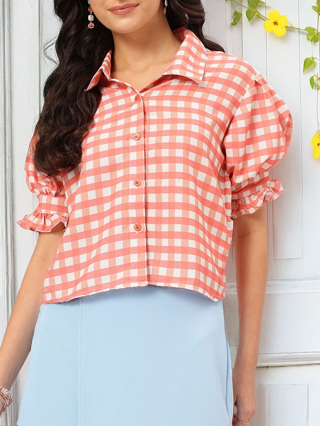 DressBerry Pastel Paradise Checked Puff Sleeves Shirt
