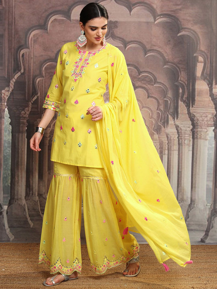 Vishudh Yellow Embroidered Mirror Work Pure Cotton Straight Kurta With Sharara & Dupatta