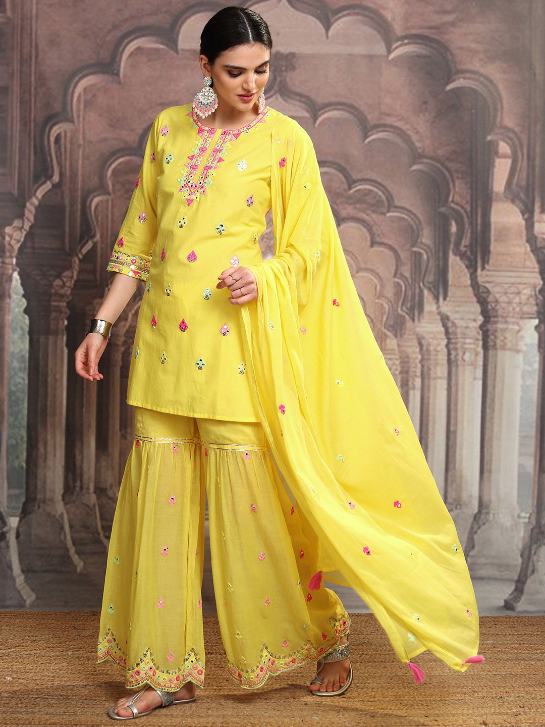 Vishudh Yellow Embroidered Mirror Work Pure Cotton Straight Kurta With Sharara & Dupatta