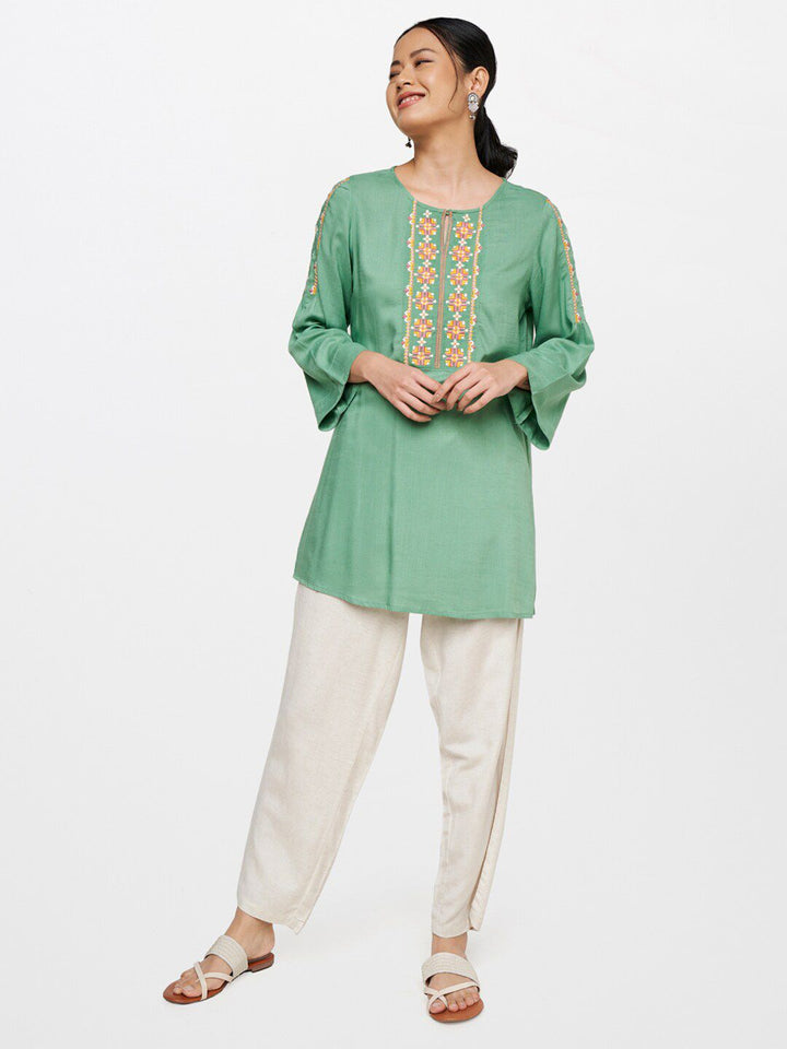Global Desi Green & Yellow Embroidered Tunic