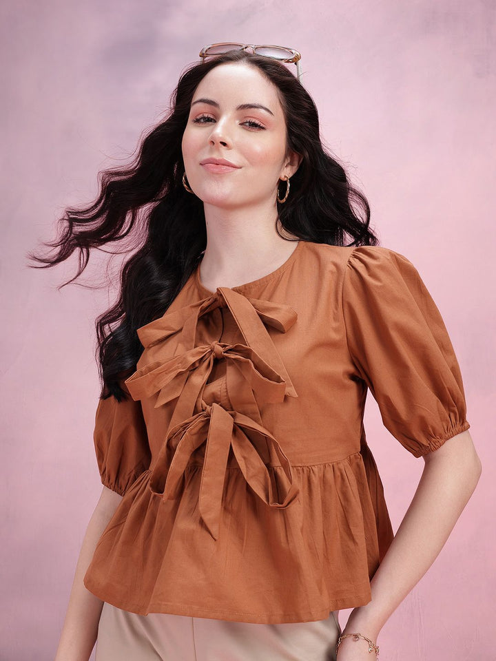 DressBerry Tie-Up Neck Puff Sleeve Cotton Top