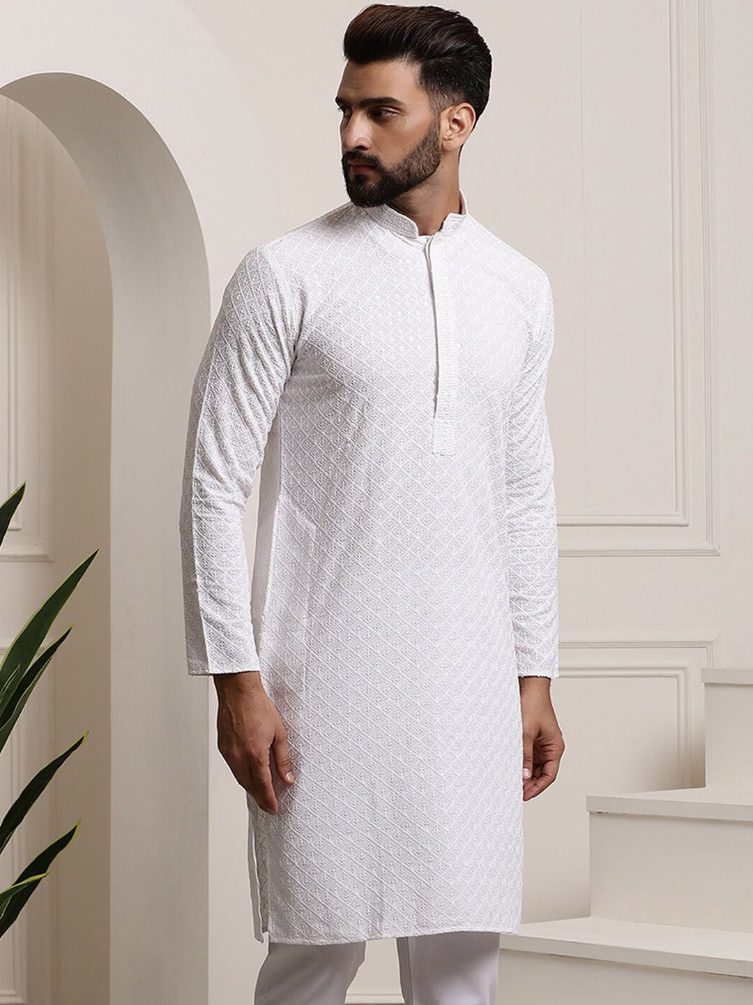 SOJANYA Mandarin Collar Sequins Embellished Pure Cotton Straight Kurta