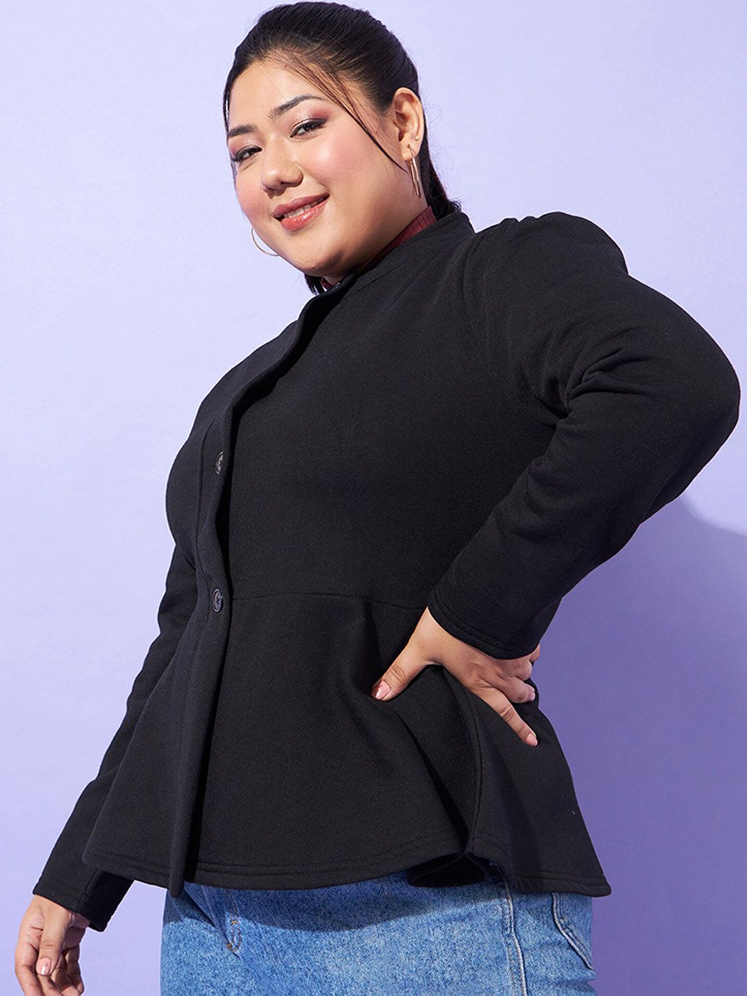 SASSAFRAS Curve Plus Size Black Mandarin Collar Tailored Jacket