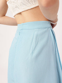 Playful Feminine Seersucker Side Slit A-Line Midi Skirt