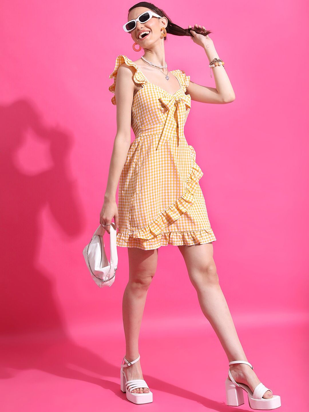 Tokyo Talkies Mustard Checked Cut-Out Smocked Bow  Fit & Flare Dress