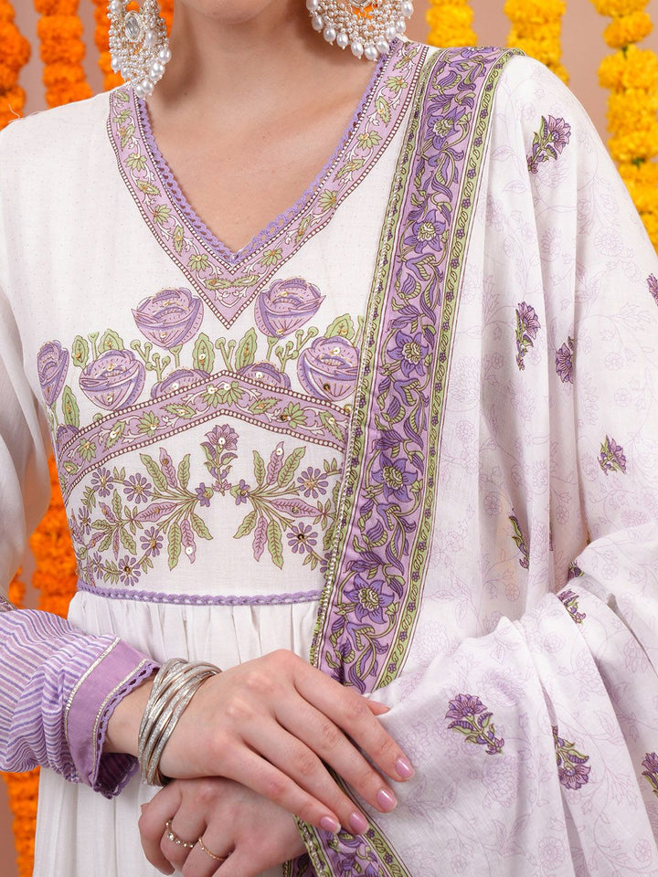 Vishudh Purple Floral Printed Pure Cotton Ethnic Dress With Dupatta