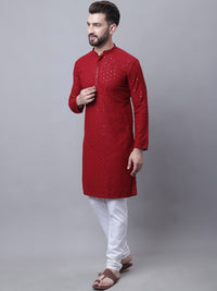 SOJANYA Men Floral Embroidered Pure Cotton Mirror Work Kurta With Pyjamas & Nehru Jacket