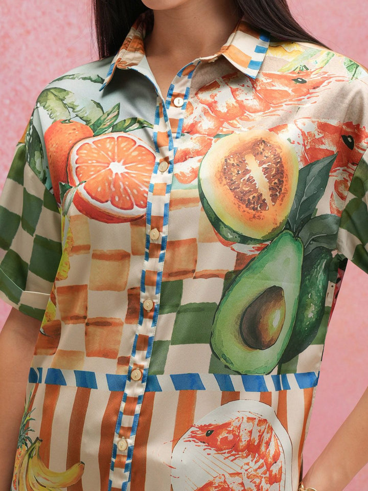 Tokyo Talkies Printed Satin Shirt Collar Shirt With Trousers Co-Ords