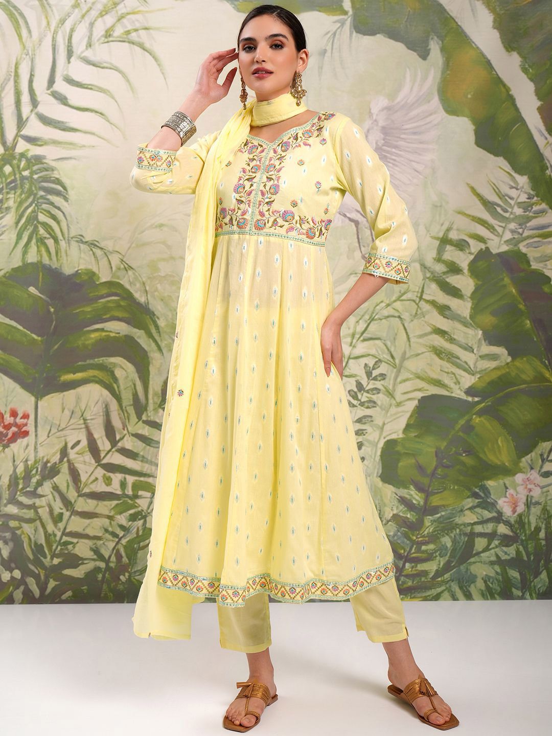 Vishudh Yellow Embroidered Mirror Work Pure Cotton Anarkali Kurta With Trousers & Dupatta