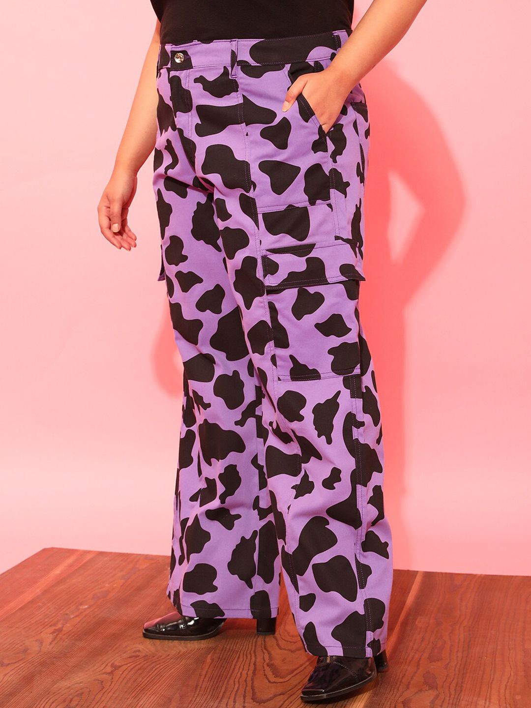 CURVY STREET Women Plus Size Lavender Printed Relaxed Straight Leg Pure Cotton Trousers