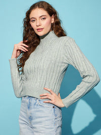 STREET 9 Grey Cable Knit Self Design Turtle Neck Acrylic Crop Pullover Sweater