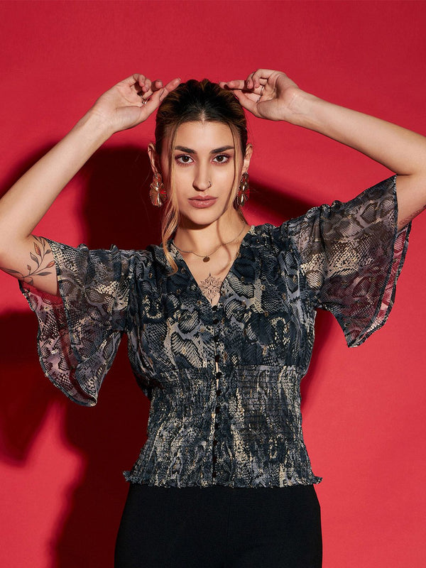 SASSAFRAS Grey Printed Bell Sleeve Smocked Georgette Top