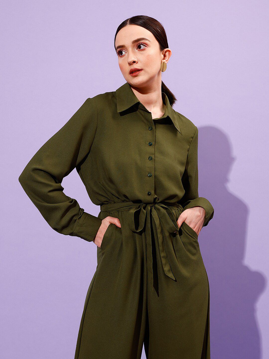 WORK IT by STREET 9 Shirt Collar Long Sleeve Waist Tie-Ups Basic Jumpsuit